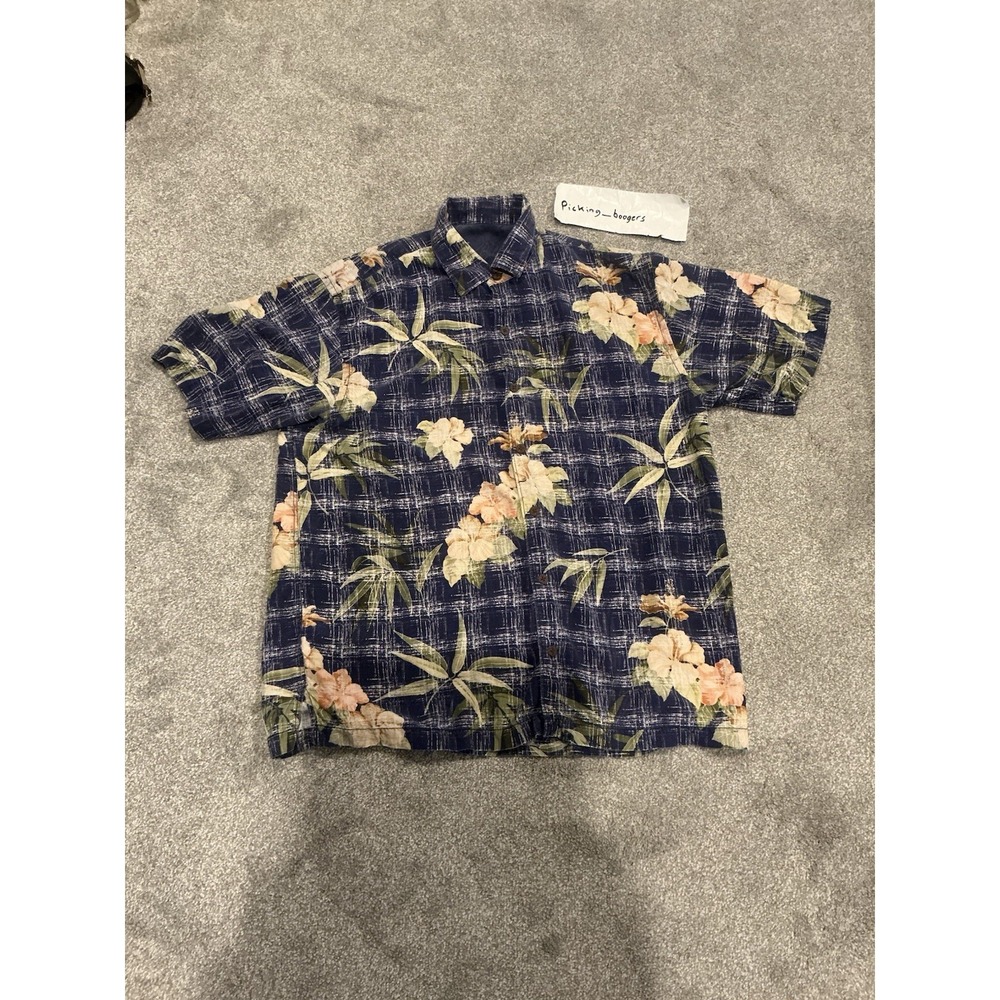 Tommy Bahama Shirt Mens L Blue Floral Short Sleeve Silk Hawaiian Aloha Casual